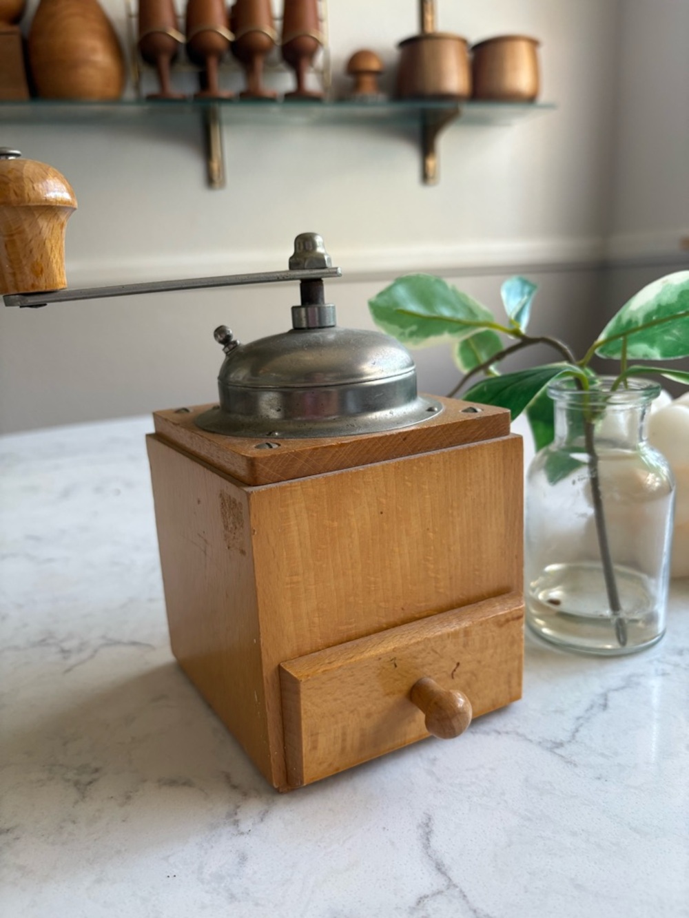 Vintage German Wooden Coffee Grinder - Natural Wood